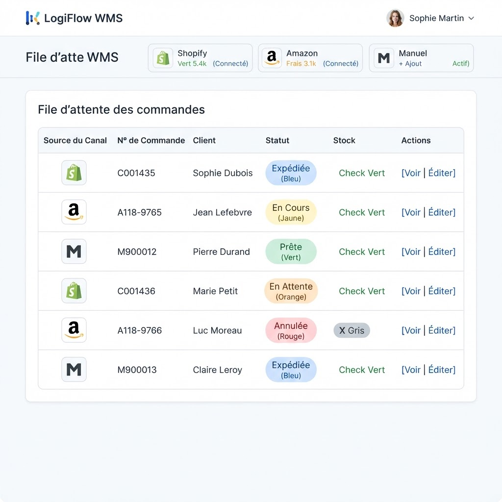 File de commandes multicanal réunissant Shopify, Amazon et ventes manuelles dans wmship
