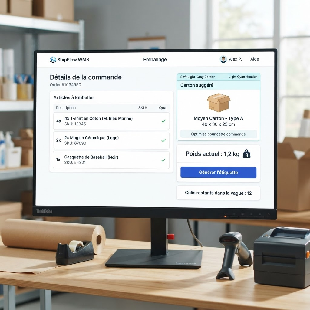 Écran du poste d'expédition wmship avec contrôle des quantités et carton suggéré