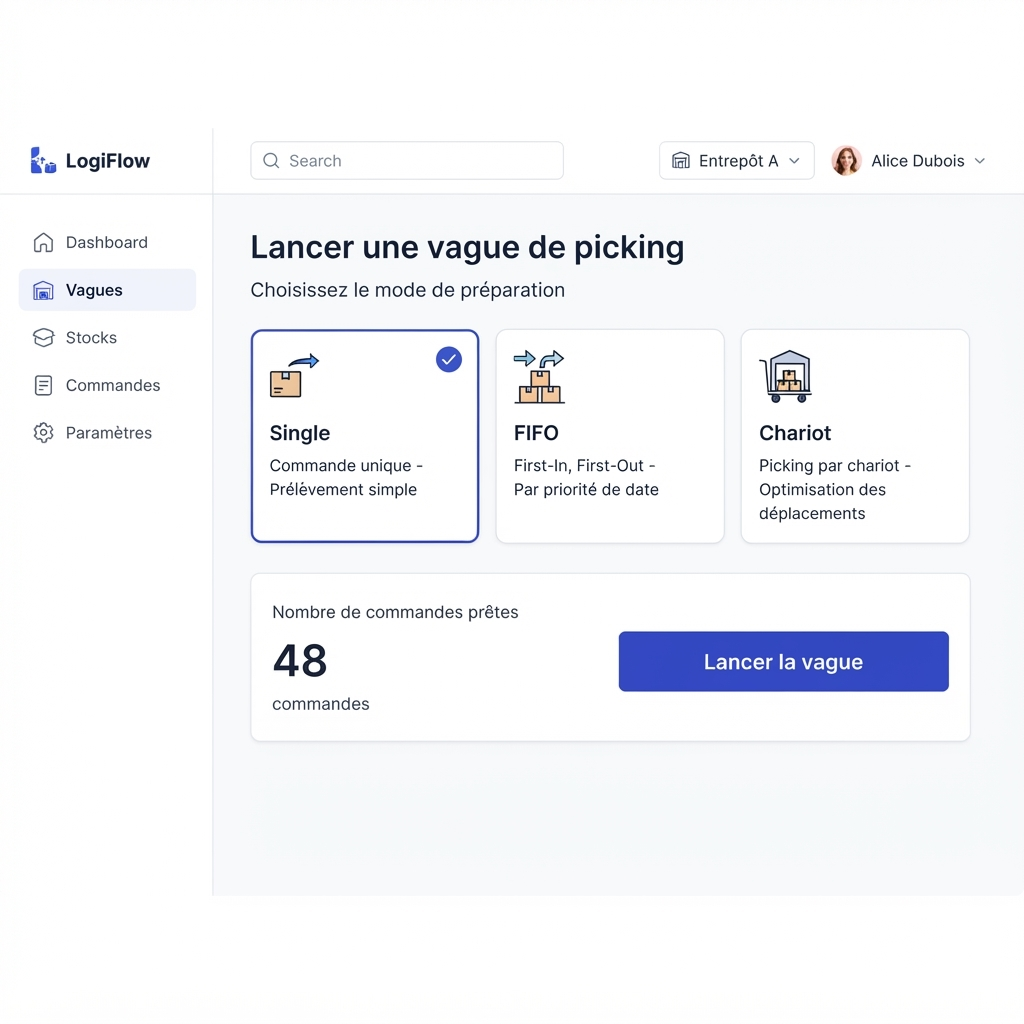 Écran de lancement d'une vague de picking dans wmship, avec choix du mode single, FIFO ou chariot